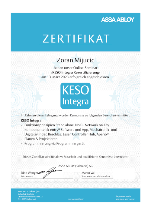 Zertifikat KESO Integra — ASSA ABLOY (Schweiz) AG