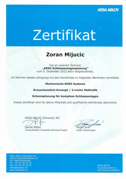 Zertifikat KESO Schliessanlagenplanung — ASSA ABLOY