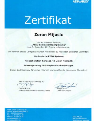 Ein Zertifikat von ASSA ABLOY für die Teilnahme am Seminar "KESO Schliessanlagenplanung" am 5. Dezember 2012 mit Zoran Mijucic.