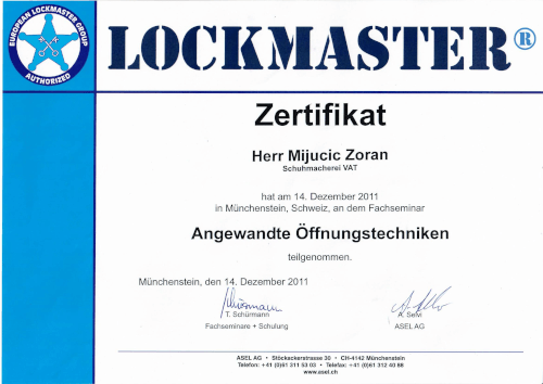 EUROPEAN LOCKMASTER AUTORISIERTE GRUPPE Zertifikat LOCKMASTER