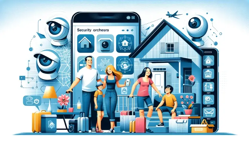 Eine dynamische Darstellung einer Familie, die sich auf den Urlaub vorbereitet, vor dem Hintergrund von Sicherheitsbildschirmen, die durch fortschrittliche Sicherheitstechnologie ein Gefühl von Sicherheit und Frieden vermitteln.